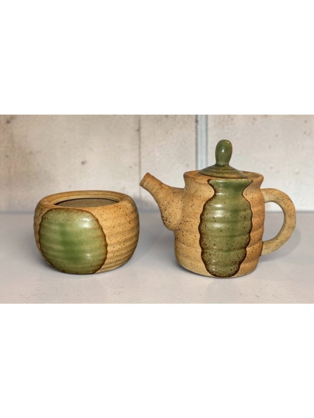 Vintage Studio Pottery Ceramic Creamer and Sugar Set With Green Drip Glaze